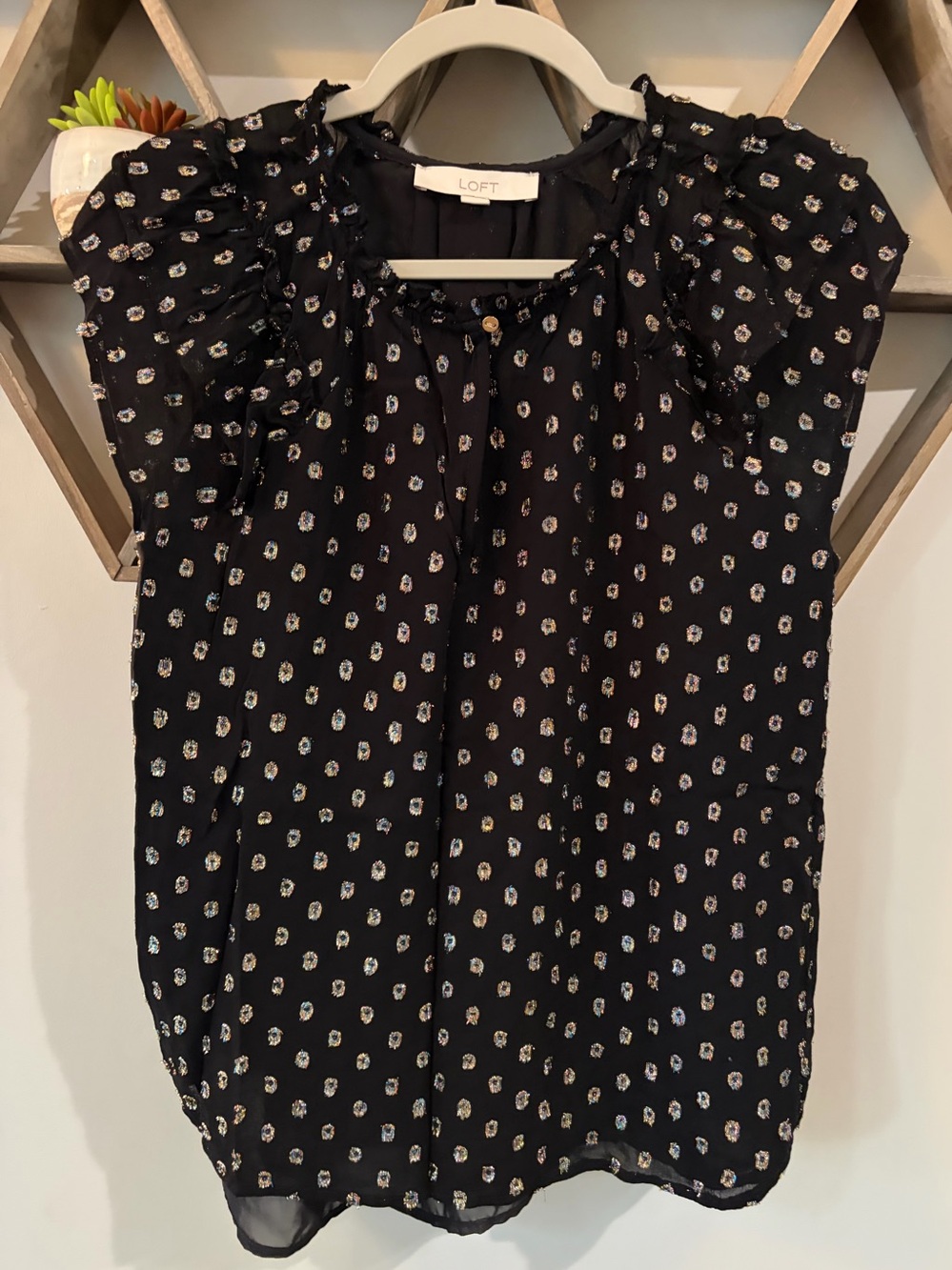 Loft black metallic dot jewel print blouse. Ruffle flutter sleeves. Size small